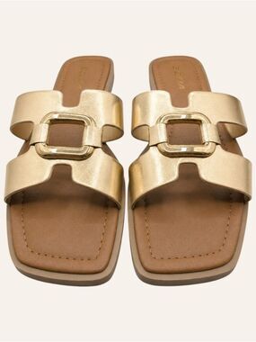 Soda Gold H Band Slide Sandals 8.5 Resort Luxe Coastal Chic NWOT